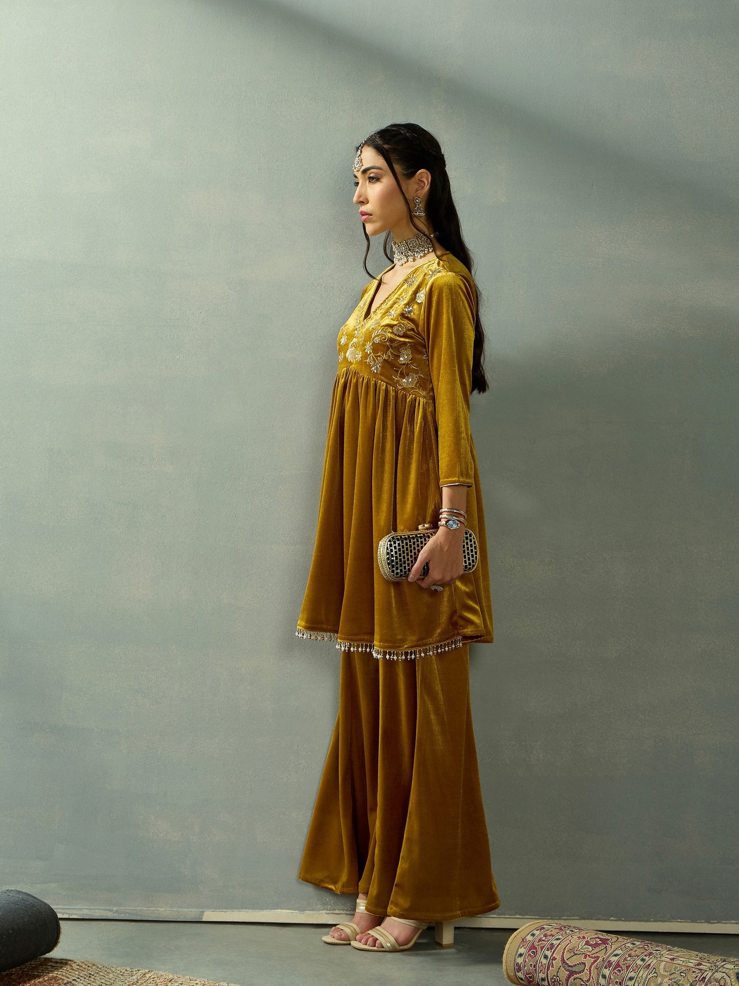 Women's Mustard Embroidered Co-Ord Set