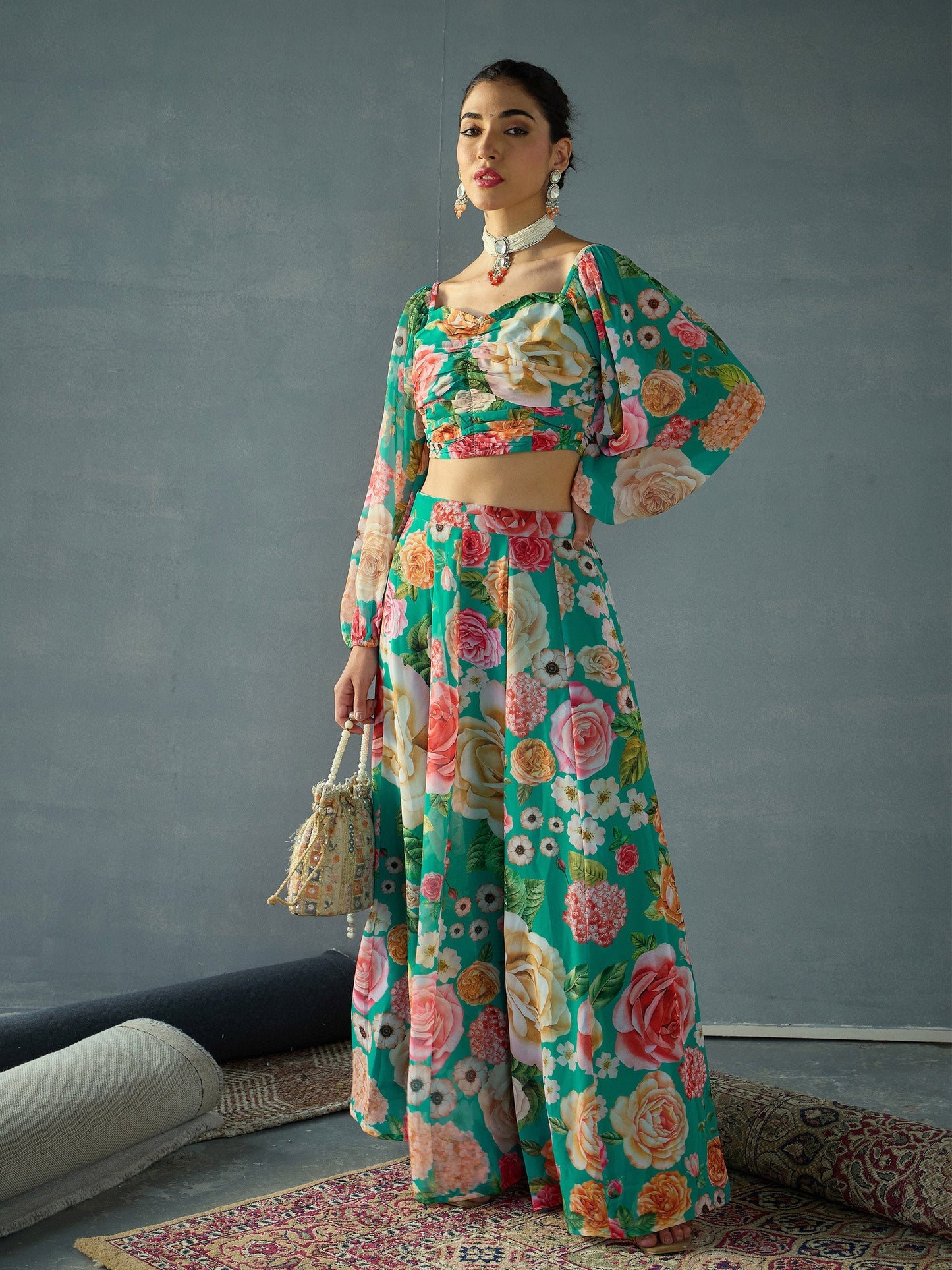 Women's Green Floral Lehenga Set