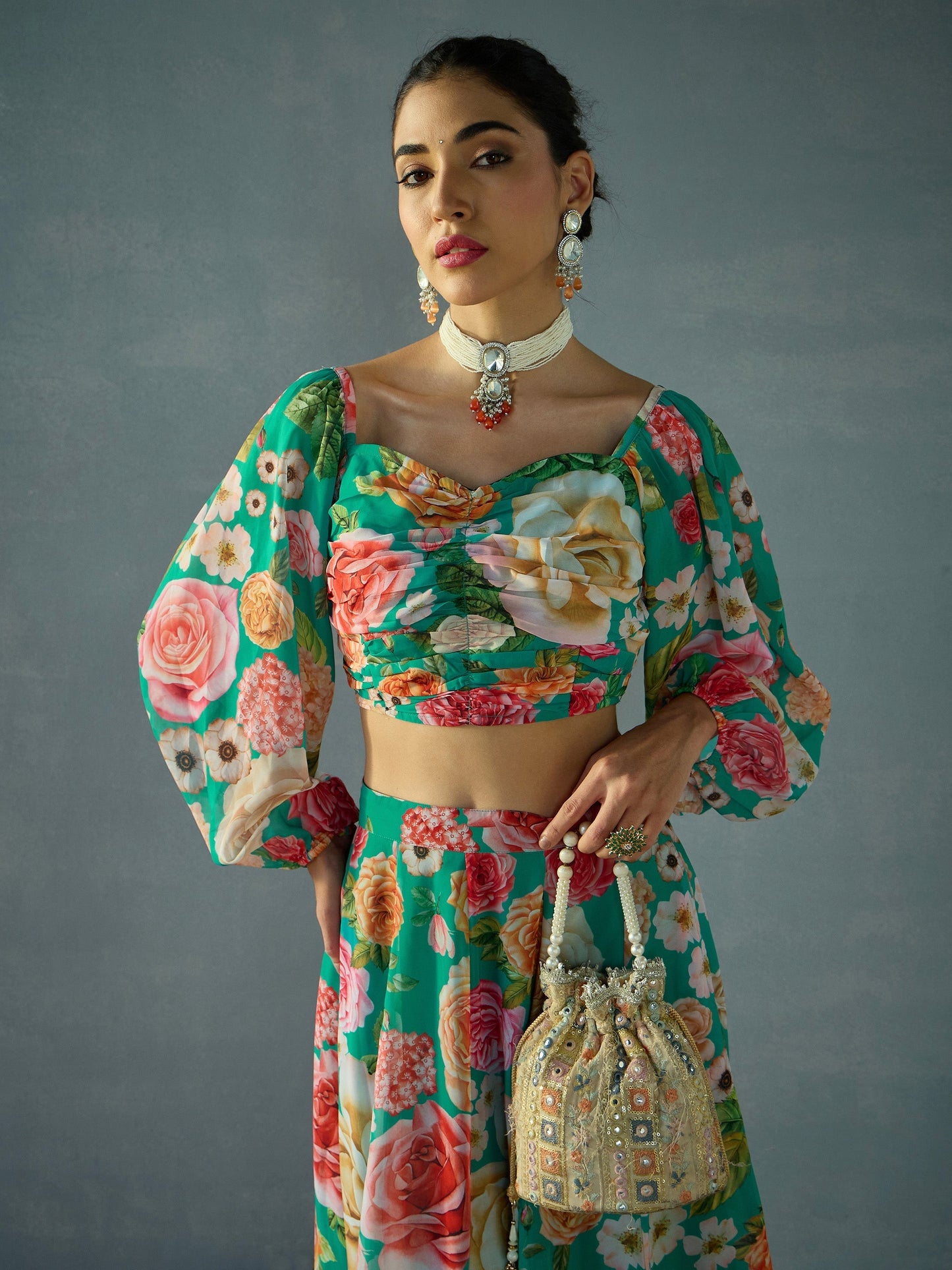 Women's Green Floral Lehenga Set