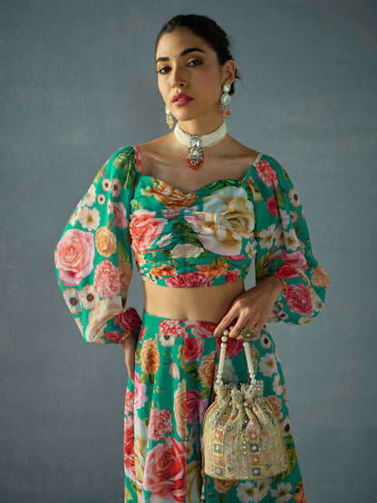 Women's Green Floral Lehenga Set