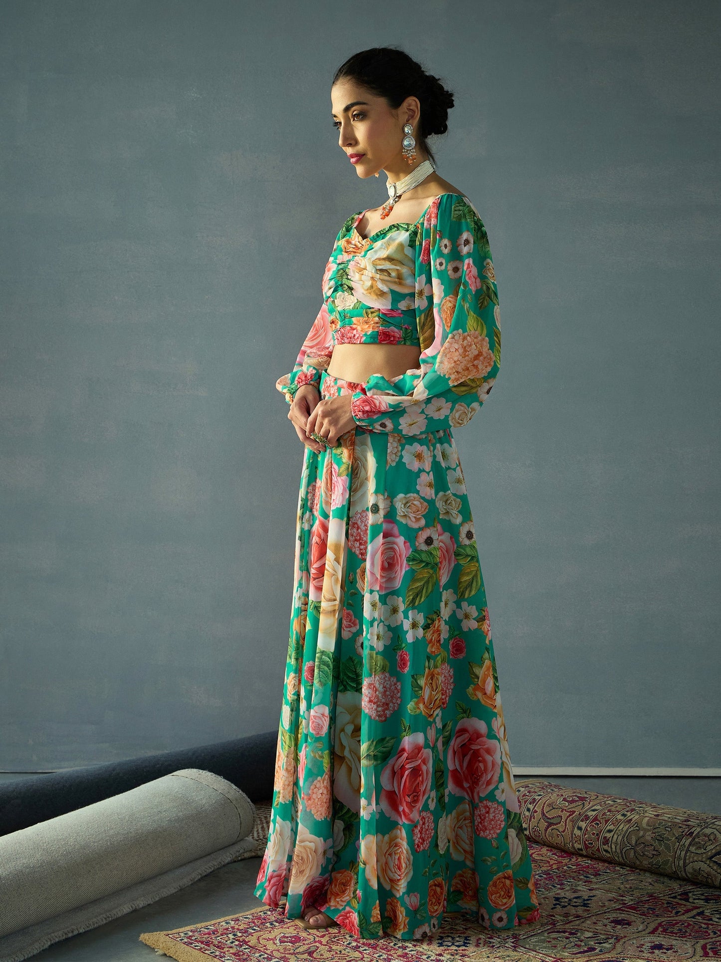 Women's Green Floral Lehenga Set