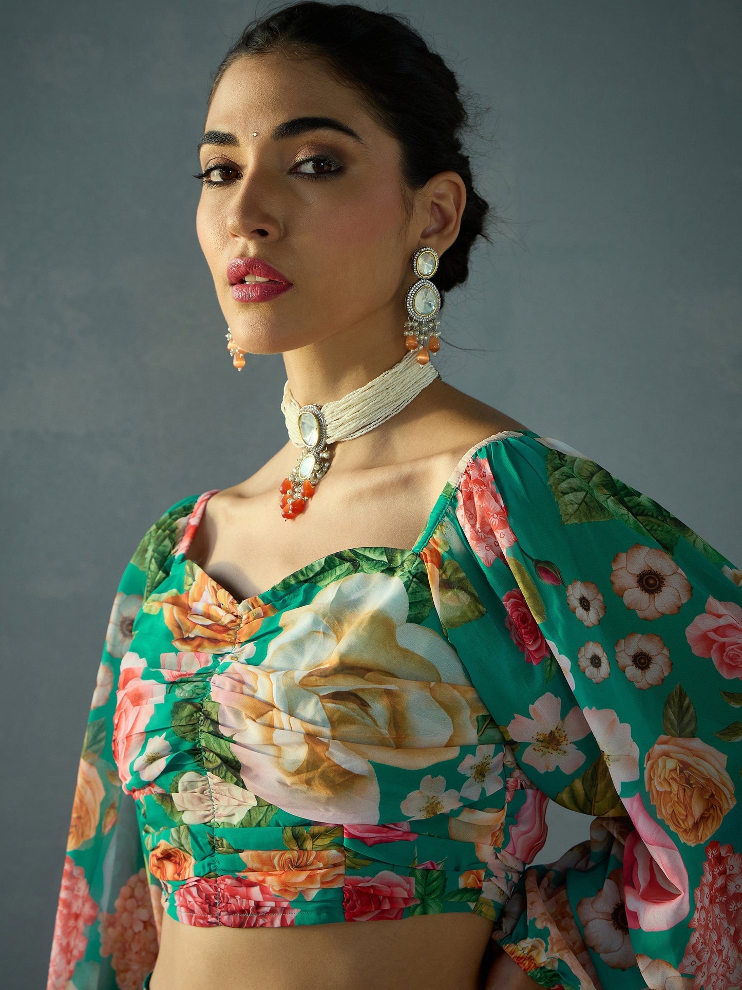 Women's Green Floral Lehenga Set