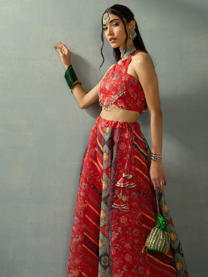 Women's Red Crop Top Lehenga Set