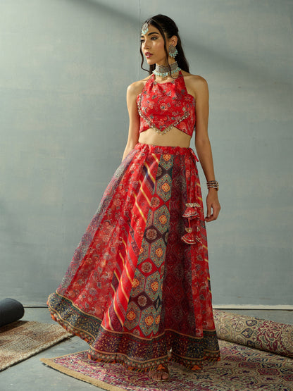Women's Red Crop Top Lehenga Set