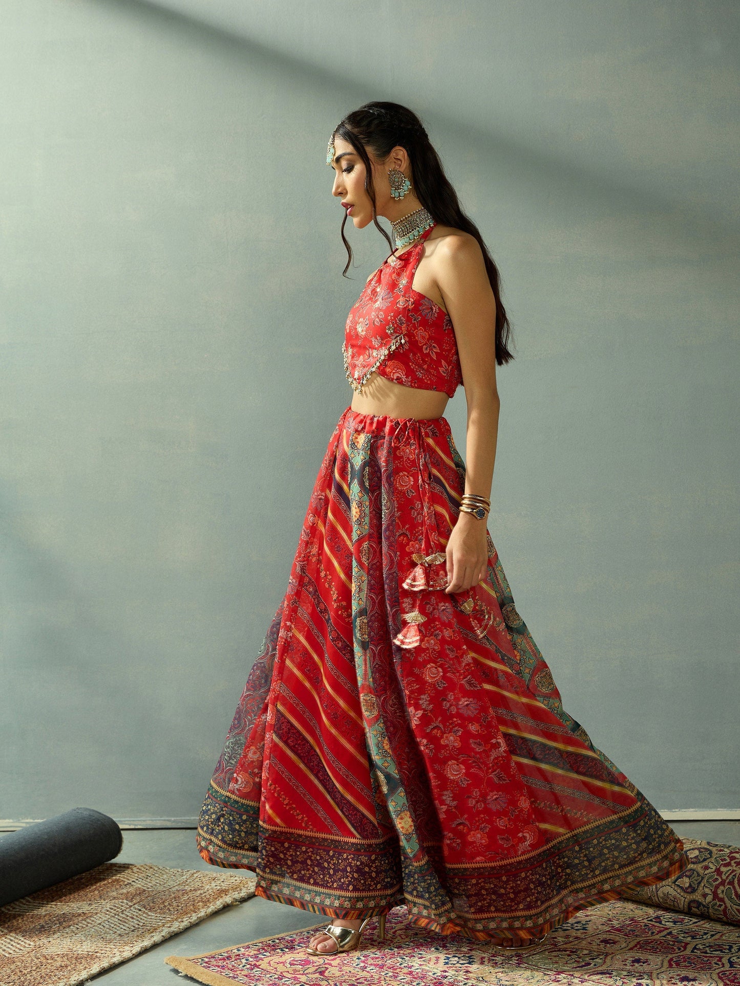 Women's Red Crop Top Lehenga Set