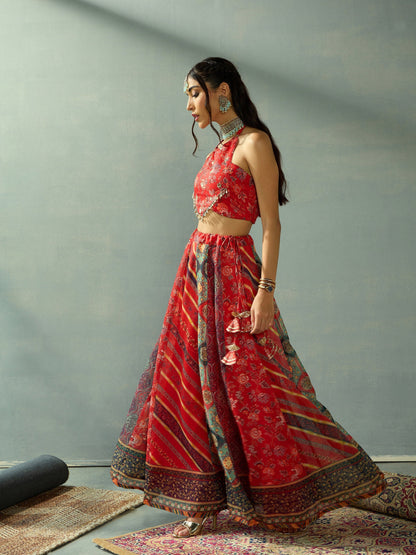 Women's Red Crop Top Lehenga Set