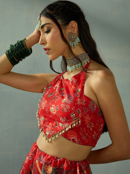 Women's Red Crop Top Lehenga Set