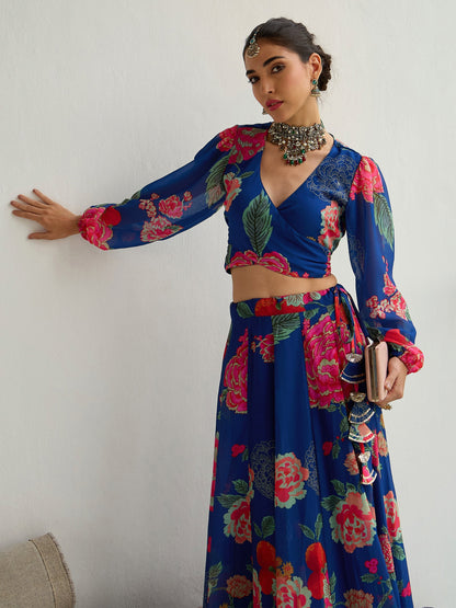 Women's Navy Blue Floral Lehenga Set