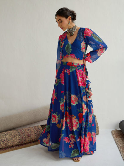 Women's Navy Blue Floral Lehenga Set