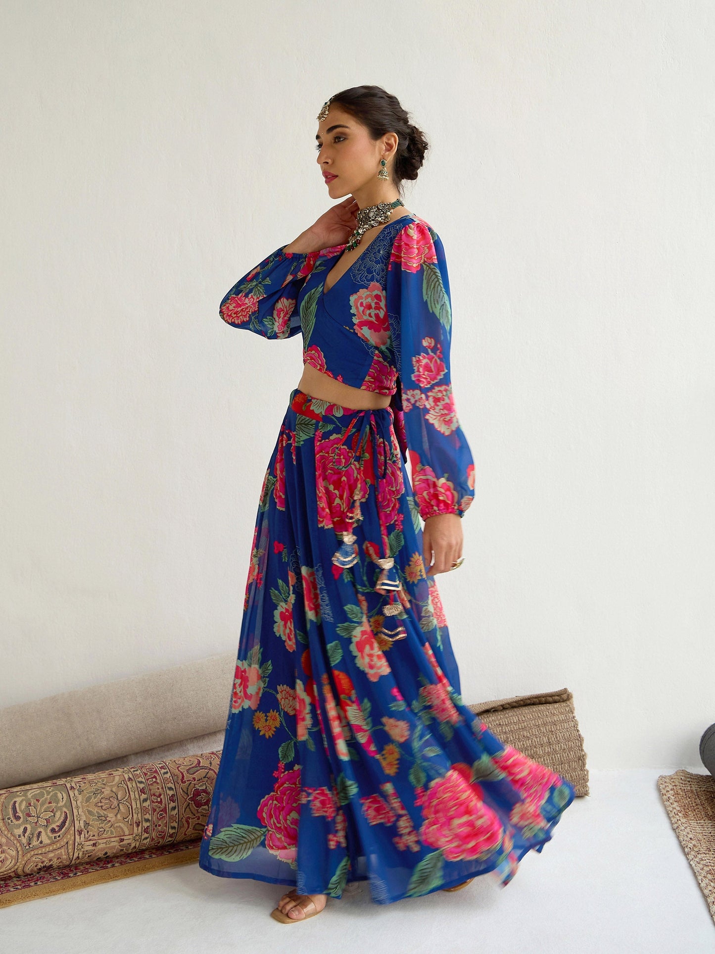Women's Navy Blue Floral Lehenga Set