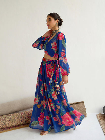 Women's Navy Blue Floral Lehenga Set
