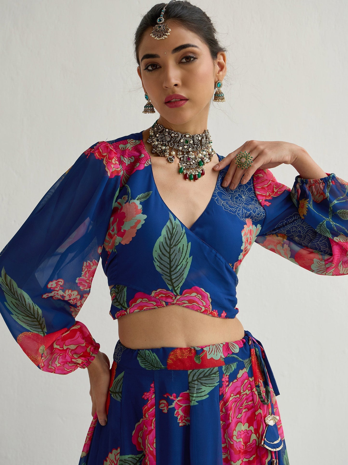 Women's Navy Blue Floral Lehenga Set