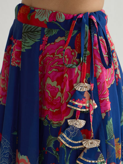 Women's Navy Blue Floral Lehenga Set