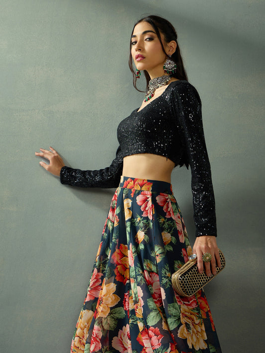 Women's Black Strong Lehenga Set