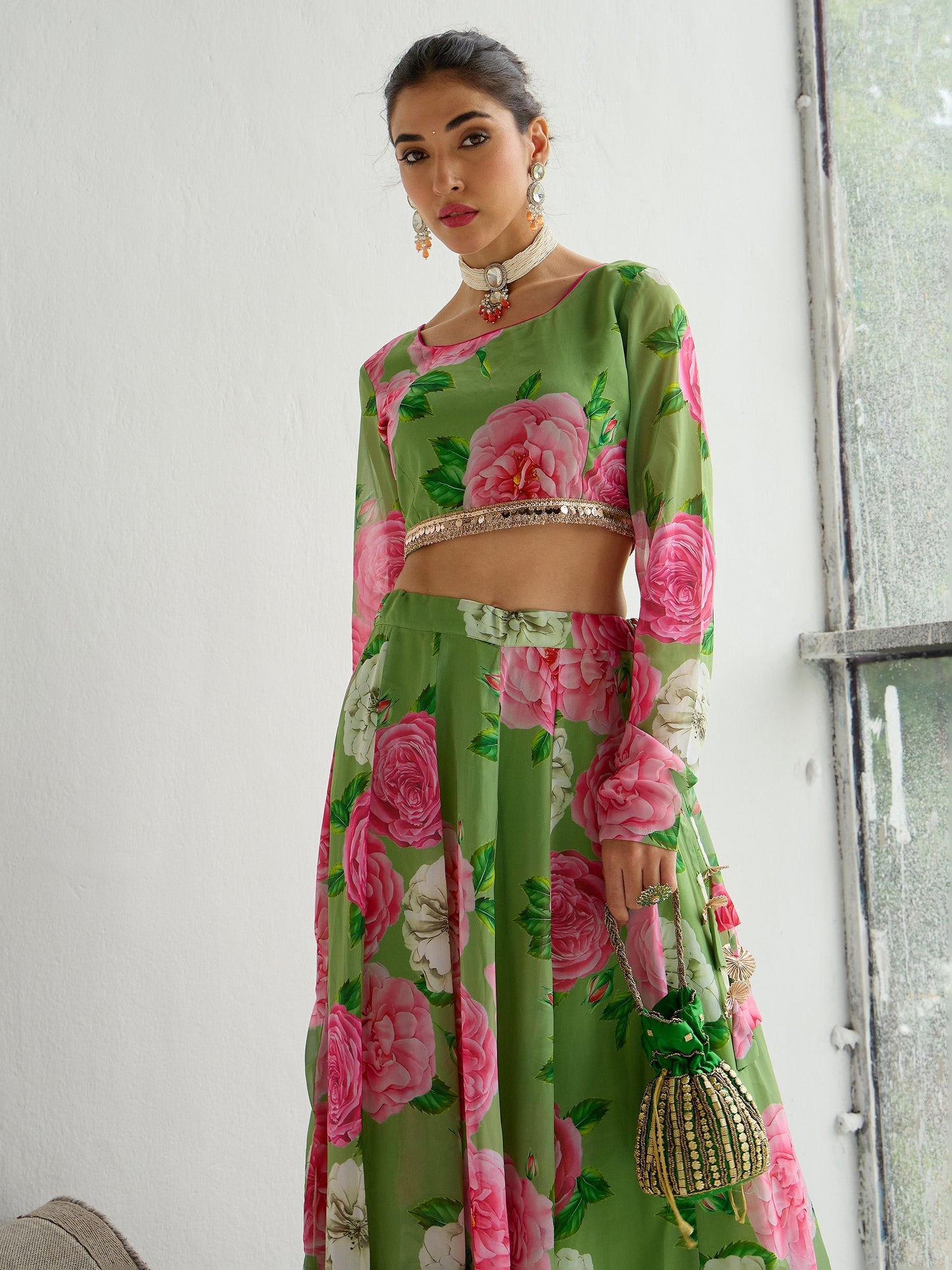Women's Green Floral Lehenga Set