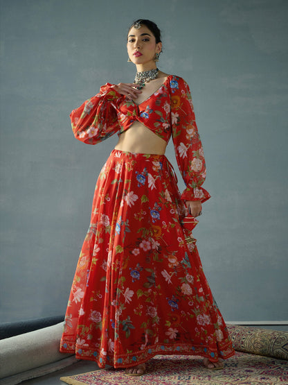 Women's Red Floral Lehenga Set