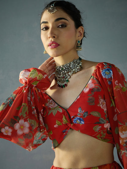 Women's Red Floral Lehenga Set