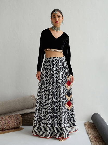 Women's Black Crop Top Lehenga Set