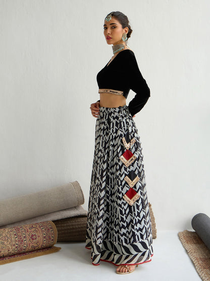 Women's Black Crop Top Lehenga Set