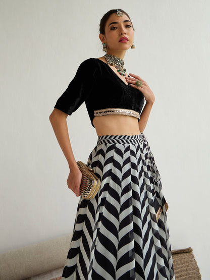 Women's Black Crop Top Lehenga Set