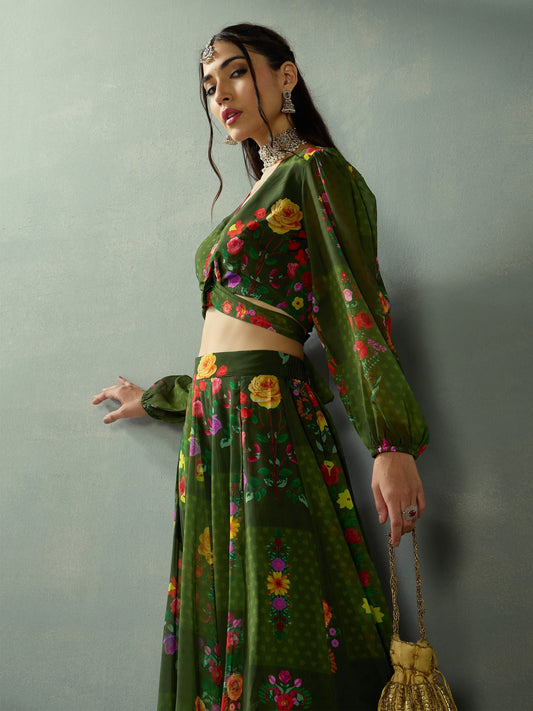Women's Green Floral Lehenga Set