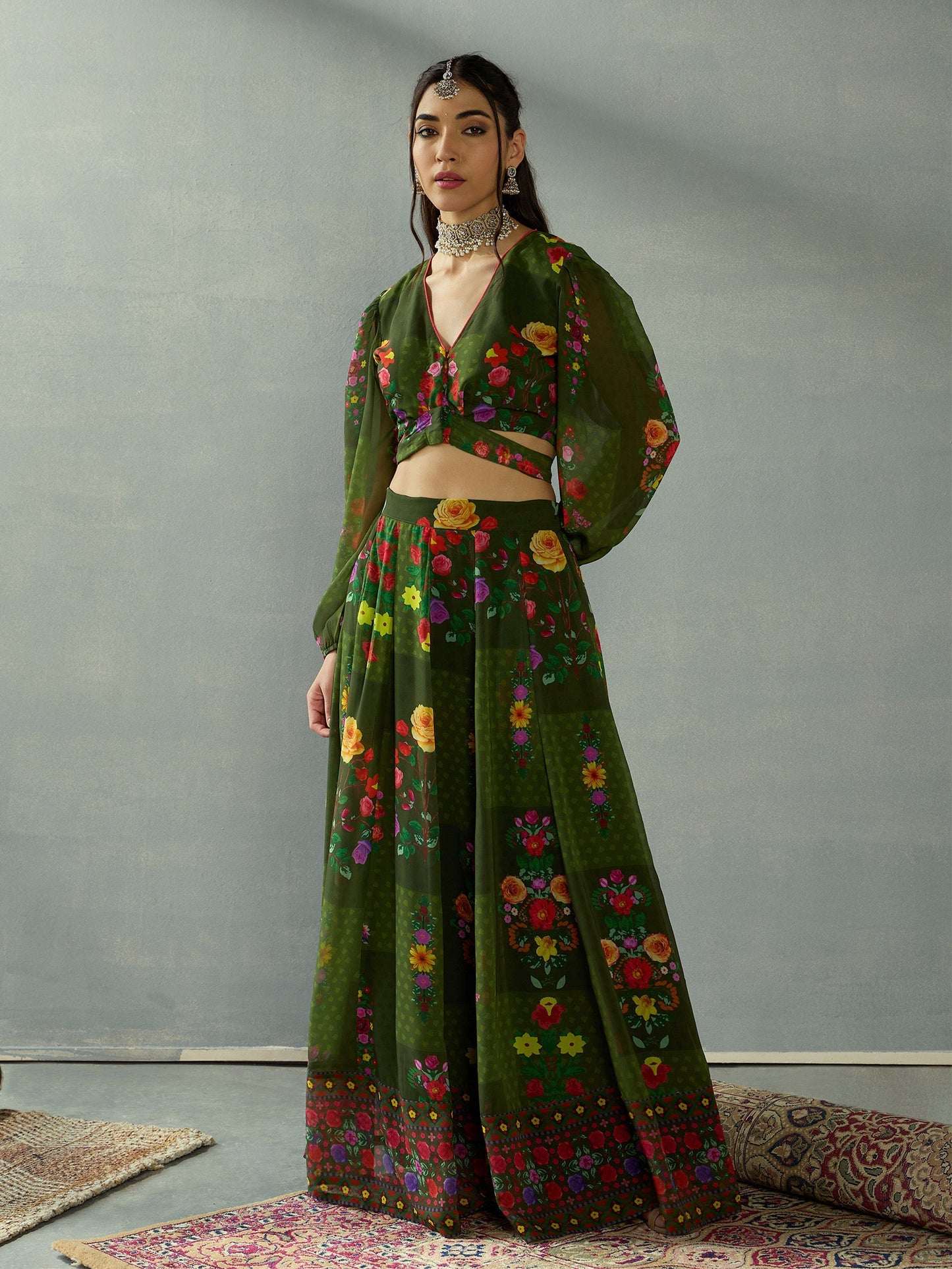 Women's Green Floral Lehenga Set