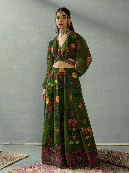 Women's Green Floral Lehenga Set