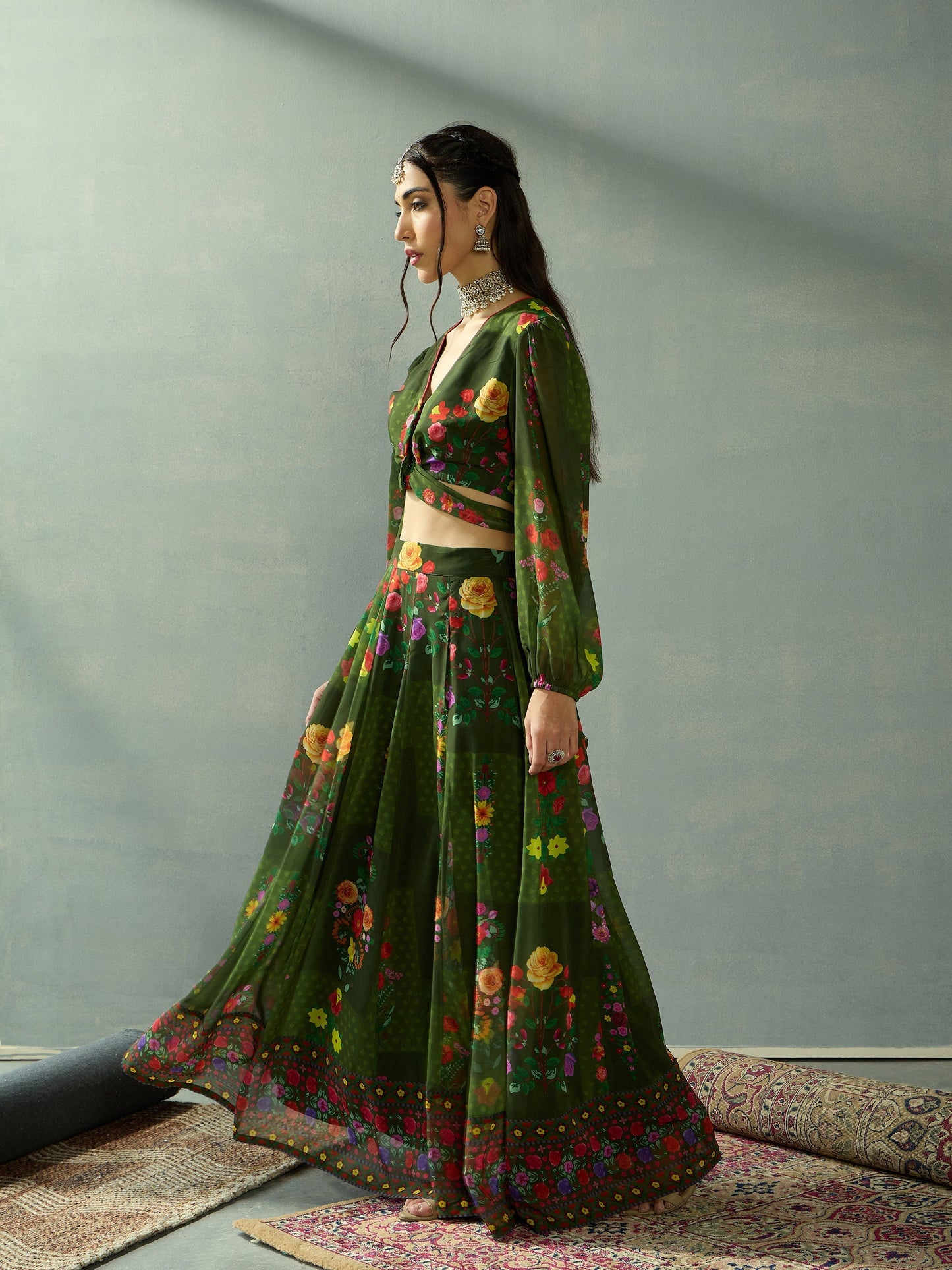 Women's Green Floral Lehenga Set
