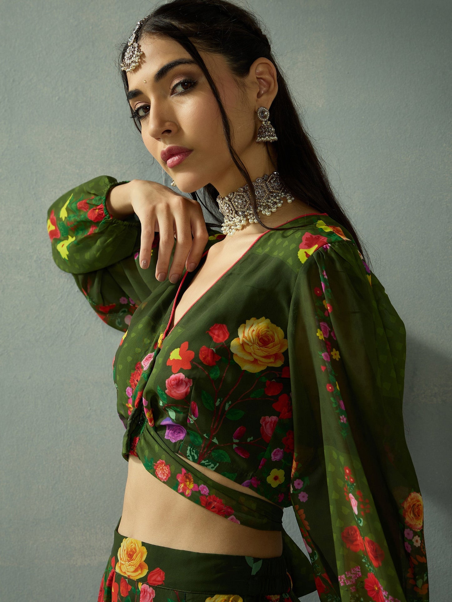 Women's Green Floral Lehenga Set
