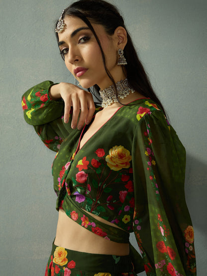 Women's Green Floral Lehenga Set
