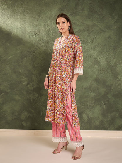 Women's Pink Floral V Neck Lace Kurta With Pants