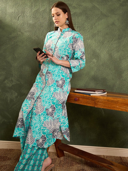Women's Aqua Blue Floral Wood Button Kurta With Pants