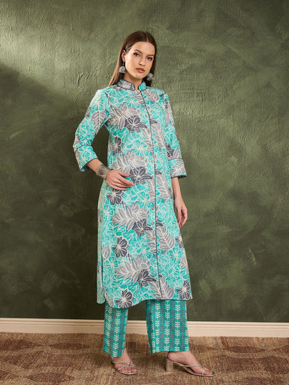 Women's Aqua Blue Floral Wood Button Kurta With Pants
