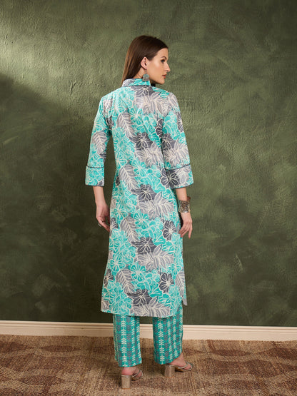 Women's Aqua Blue Floral Wood Button Kurta With Pants