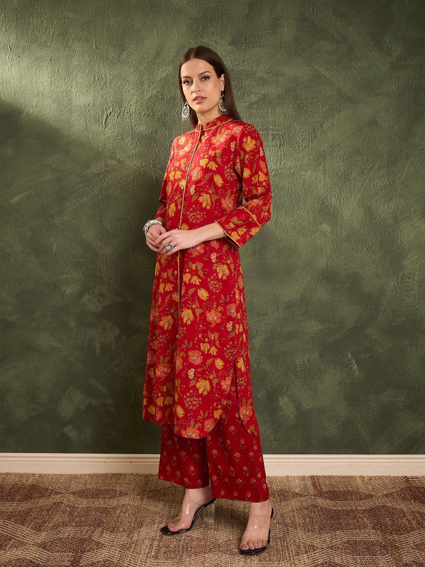 Women's Maroon Floral Wood Button Kurta With Pants