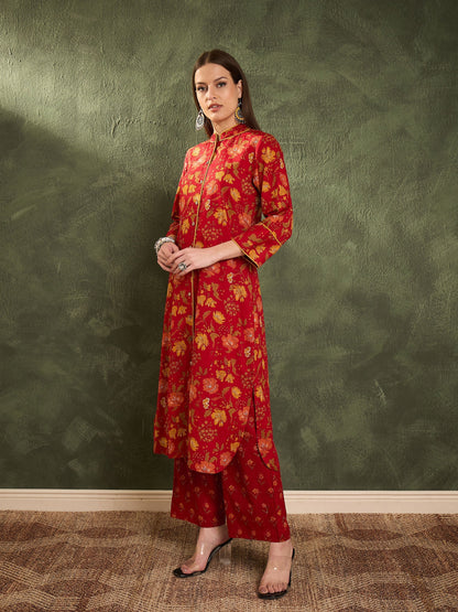 Women's Maroon Floral Wood Button Kurta With Pants