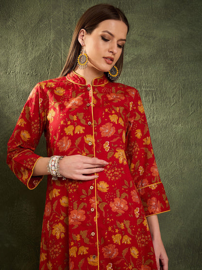 Women's Maroon Floral Wood Button Kurta With Pants