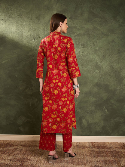 Women's Maroon Floral Wood Button Kurta With Pants