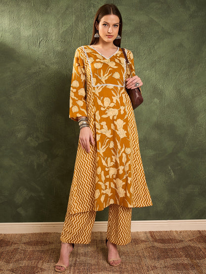 Women's Mustard Floral Front Yoke Kurta With Pants