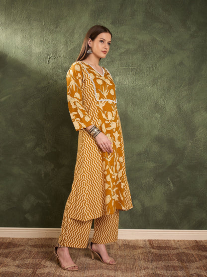 Women's Mustard Floral Front Yoke Kurta With Pants