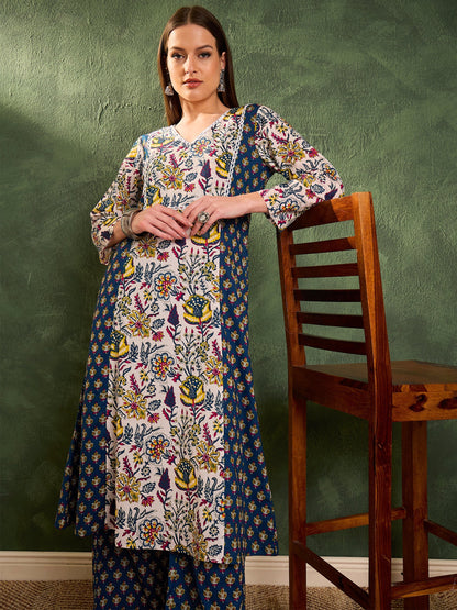 Women's Blue Floral Front Yoke Kurta With Pants