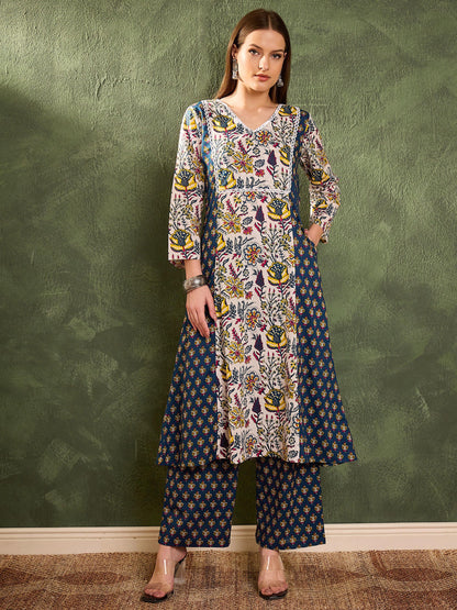 Women's Blue Floral Front Yoke Kurta With Pants