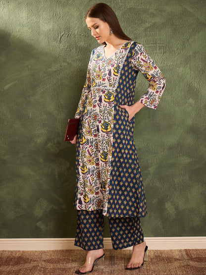 Women's Blue Floral Front Yoke Kurta With Pants