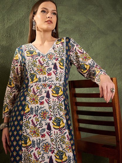 Women's Blue Floral Front Yoke Kurta With Pants