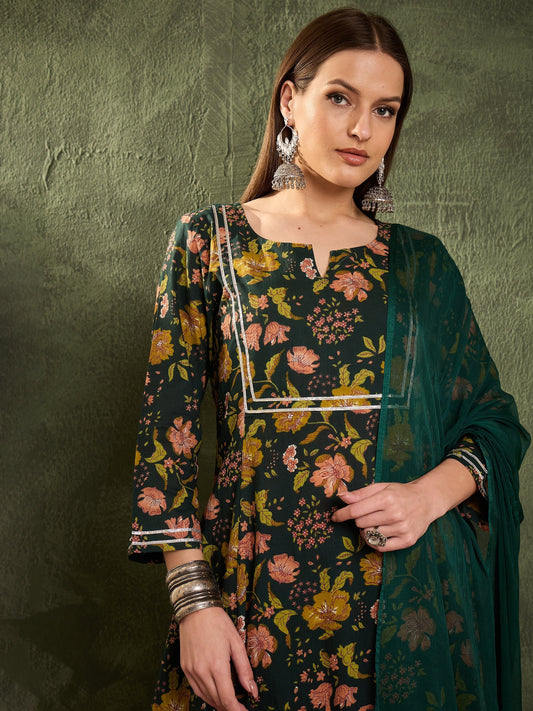 Women's Dark Green Floral Front Yoke Kurta Set with Dupatta