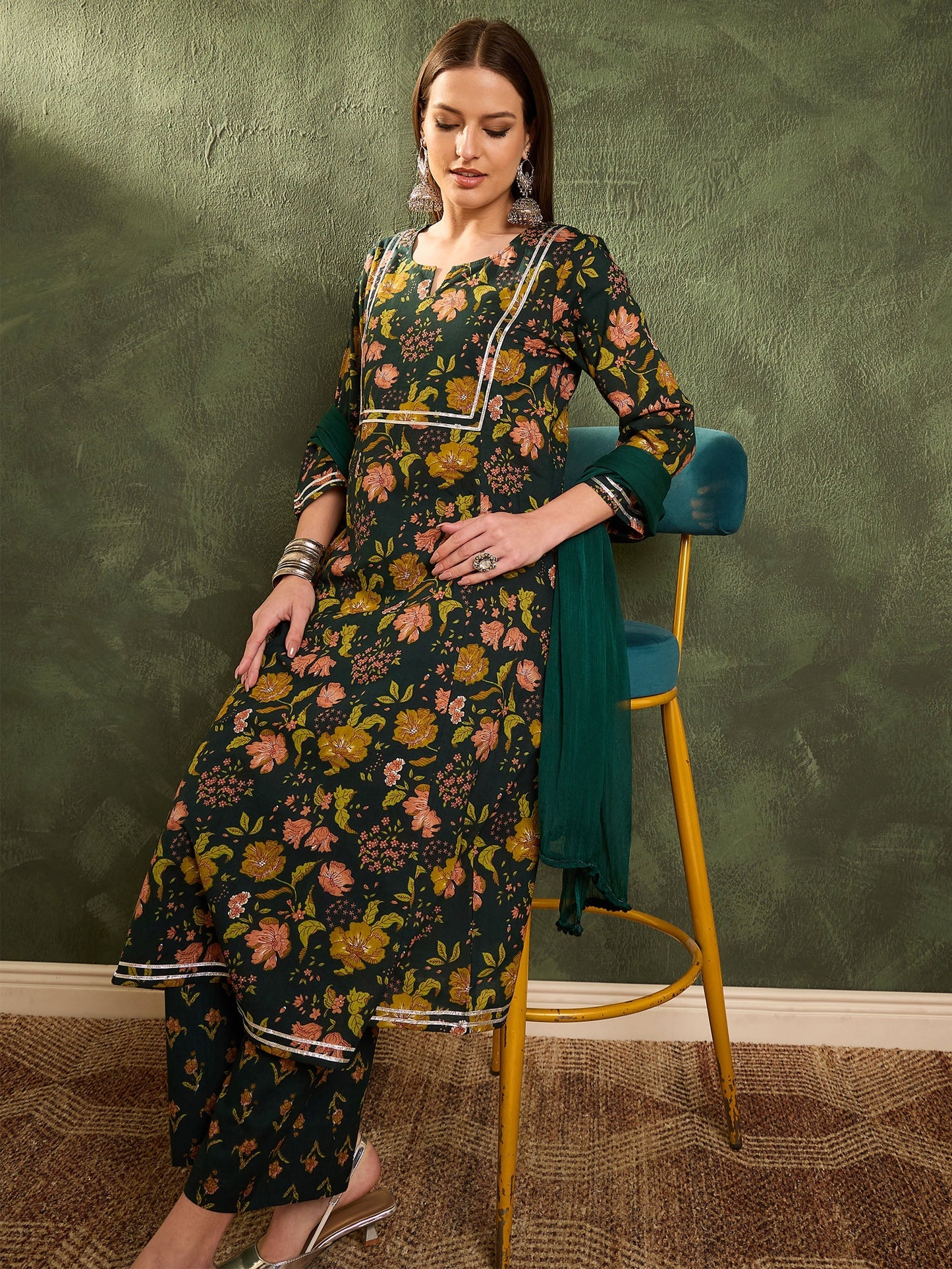 Women's Dark Green Floral Front Yoke Kurta Set with Dupatta