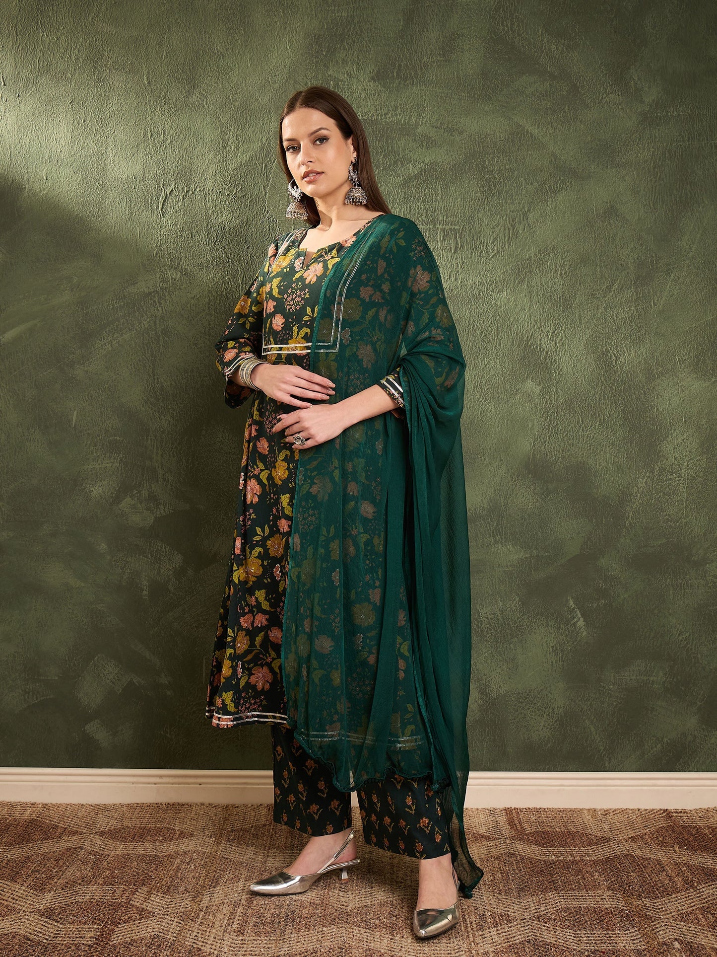 Women's Dark Green Floral Front Yoke Kurta Set with Dupatta