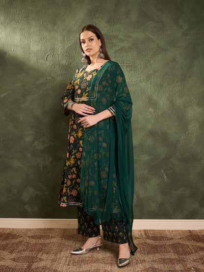 Women's Dark Green Floral Front Yoke Kurta Set with Dupatta