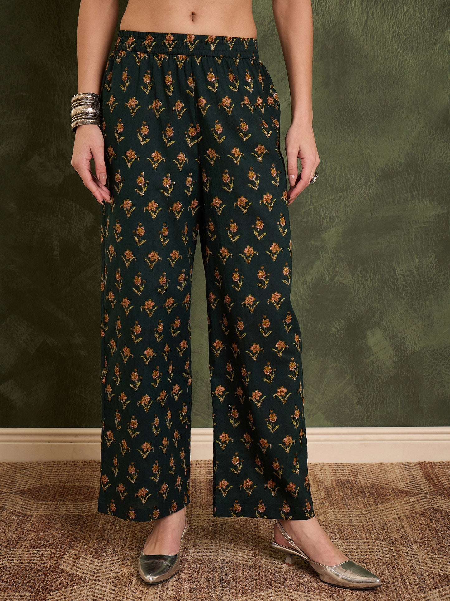 Women's Dark Green Floral Front Yoke Kurta Set with Dupatta