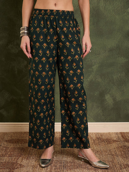 Women's Dark Green Floral Front Yoke Kurta Set with Dupatta